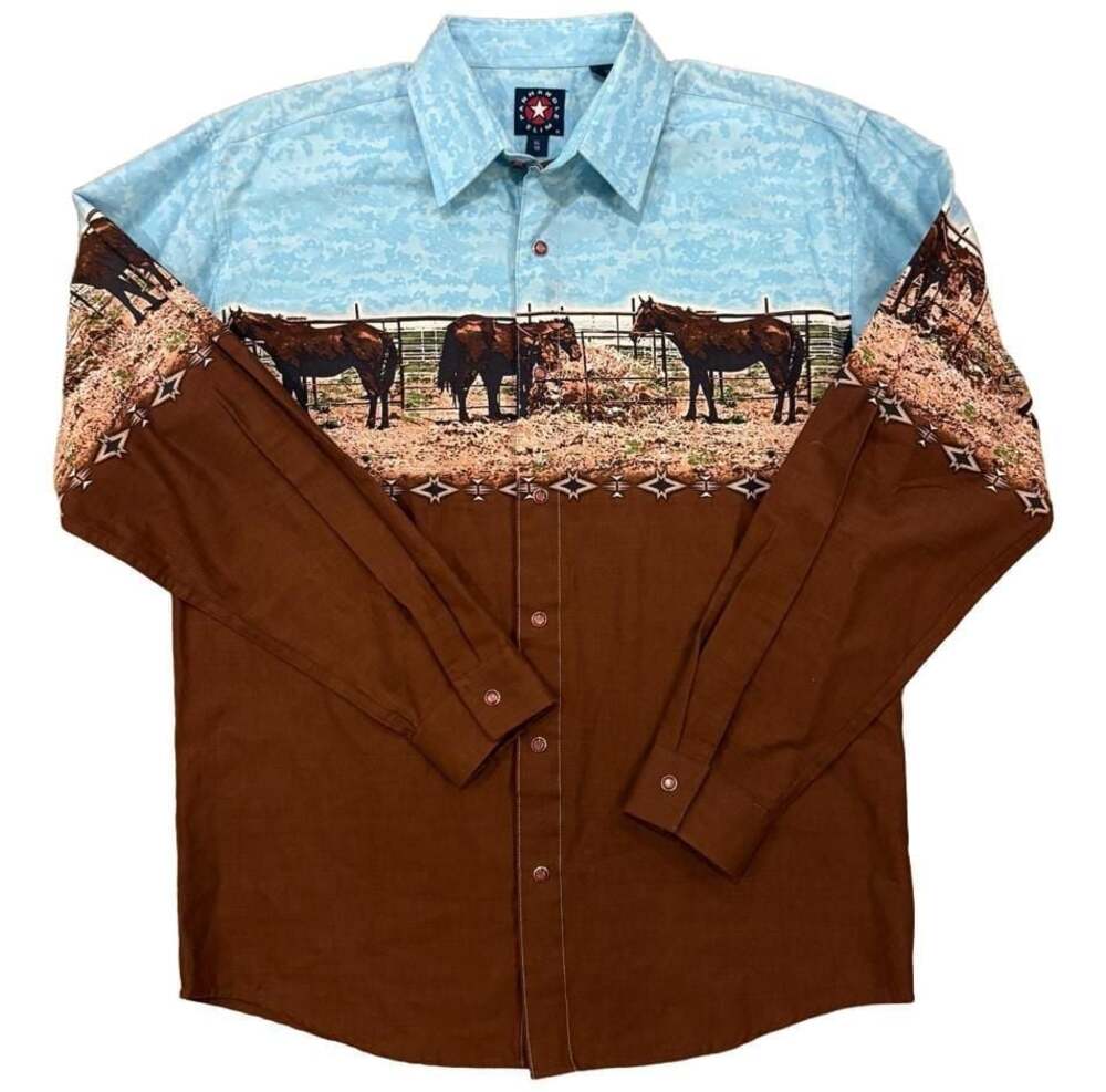 Vintage Panhandle Slim XL 18 Western Horse Ranch Print Pearl Snap Shirt Men’s